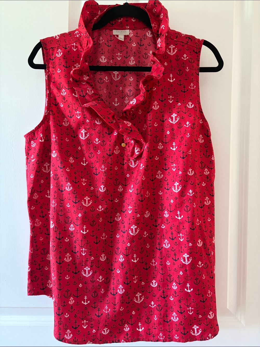 Sleeveless Talbots Red Anchor-Print Ruffle Collar Top Size Large
